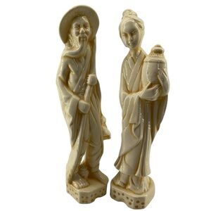 vtg ASIAN COUPLE Statues sz 10.5” Tall Ceramic Walking Stick Jug Yellow Cream